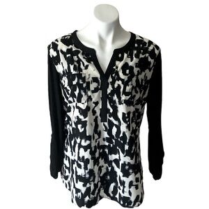 NWOT Daniel Rainn Elegant Black & White Abstract Long Sleeve Blouse Size Large